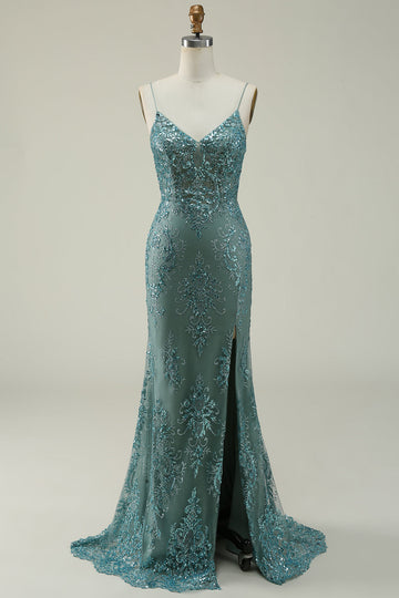 Mermaid Spaghetti Straps Green Long Ball Dress with Split Front